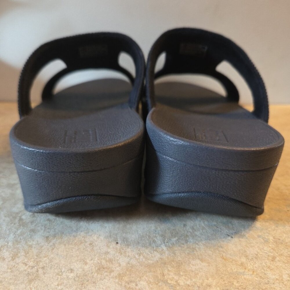 Sz 9 FITFLOP Sandals Lulu Marli Rhinestone Slide Wedge Navy Blue Sparkly 2" Heel - Picture 4 of 11